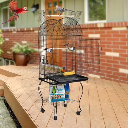 63.5 Inch Open-Top Wrought Iron Bird Cage with Slide-Out Tray + Detachable Rolling Stand