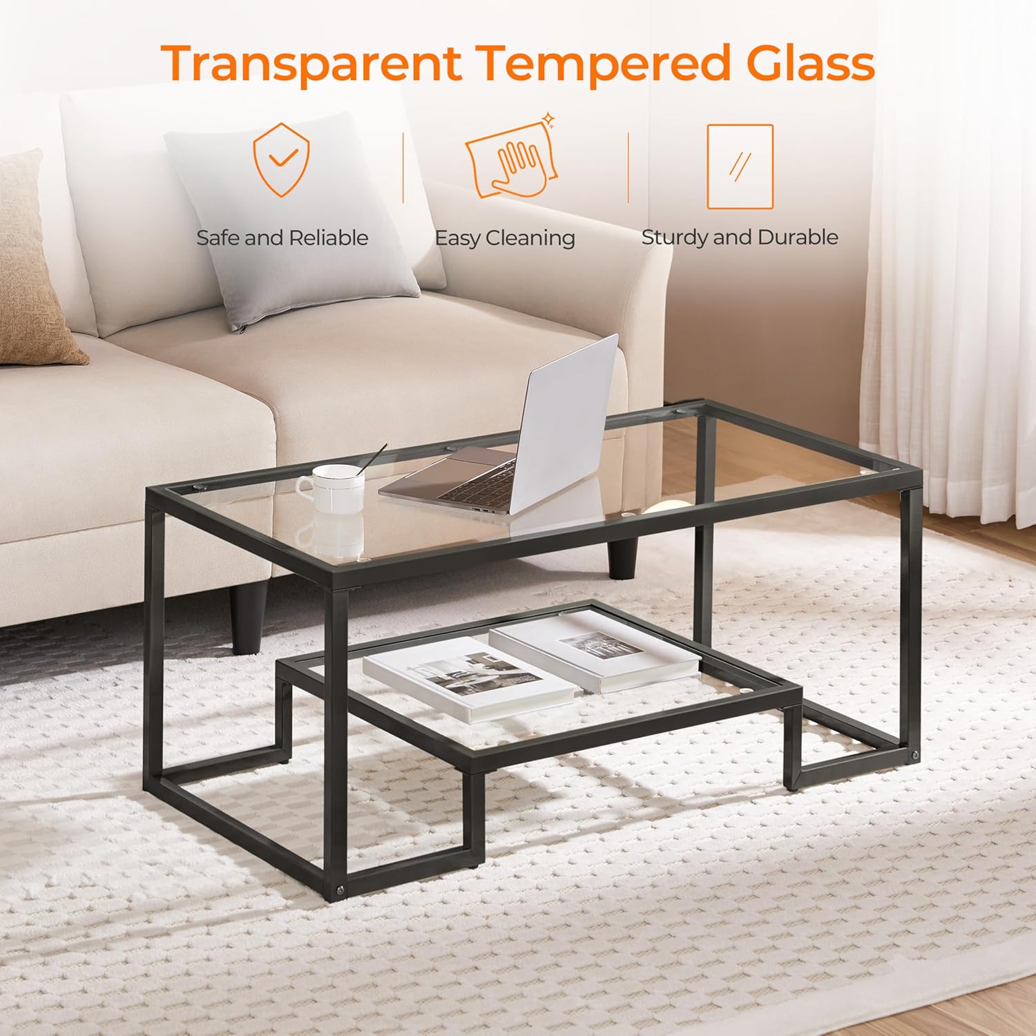 42&quot; 2-Tier Rectangular Glass Coffee Table