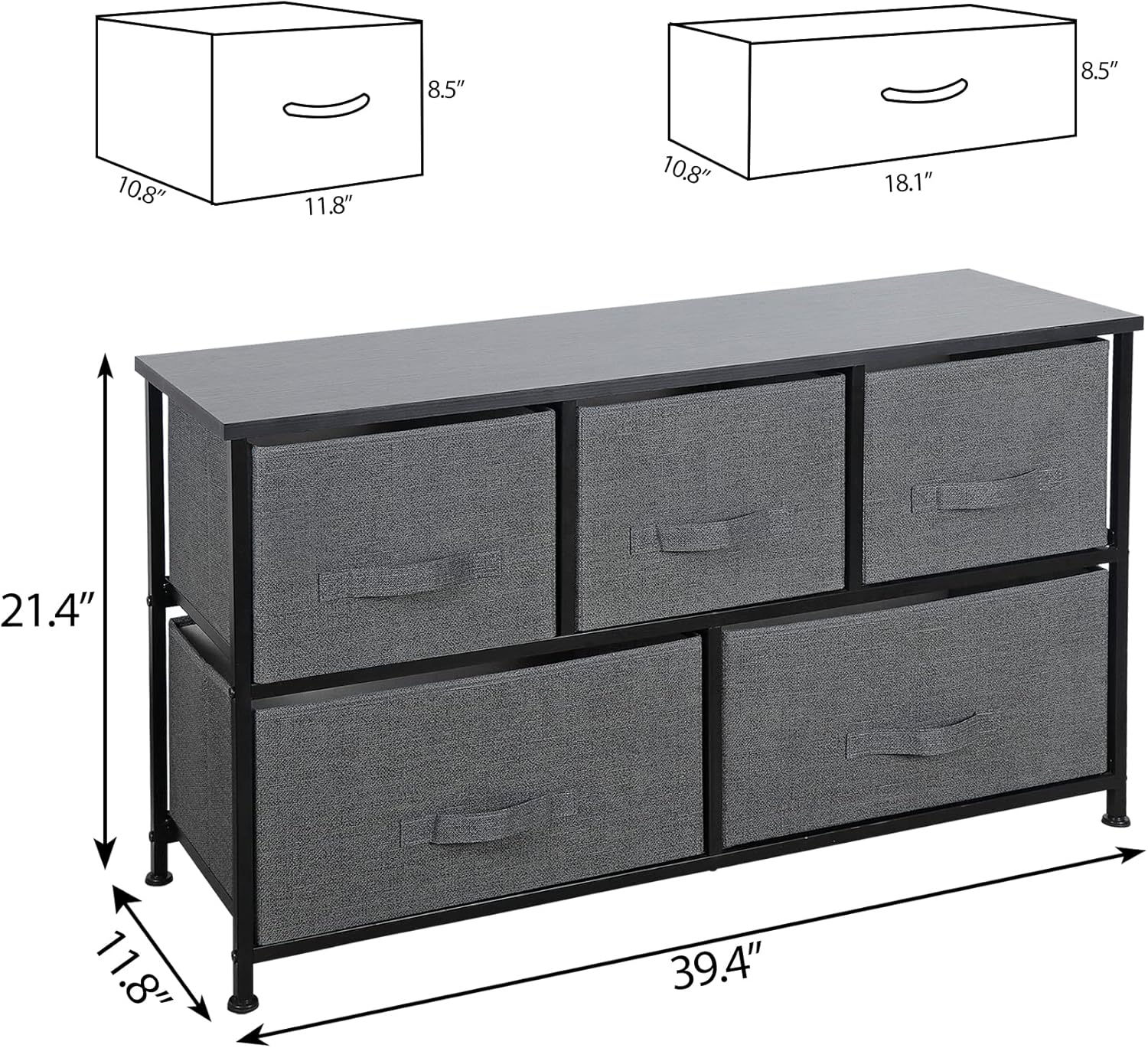 5 Drawers Extra Wide Steel Frame &amp; Wood Top Dresser Storage Tower