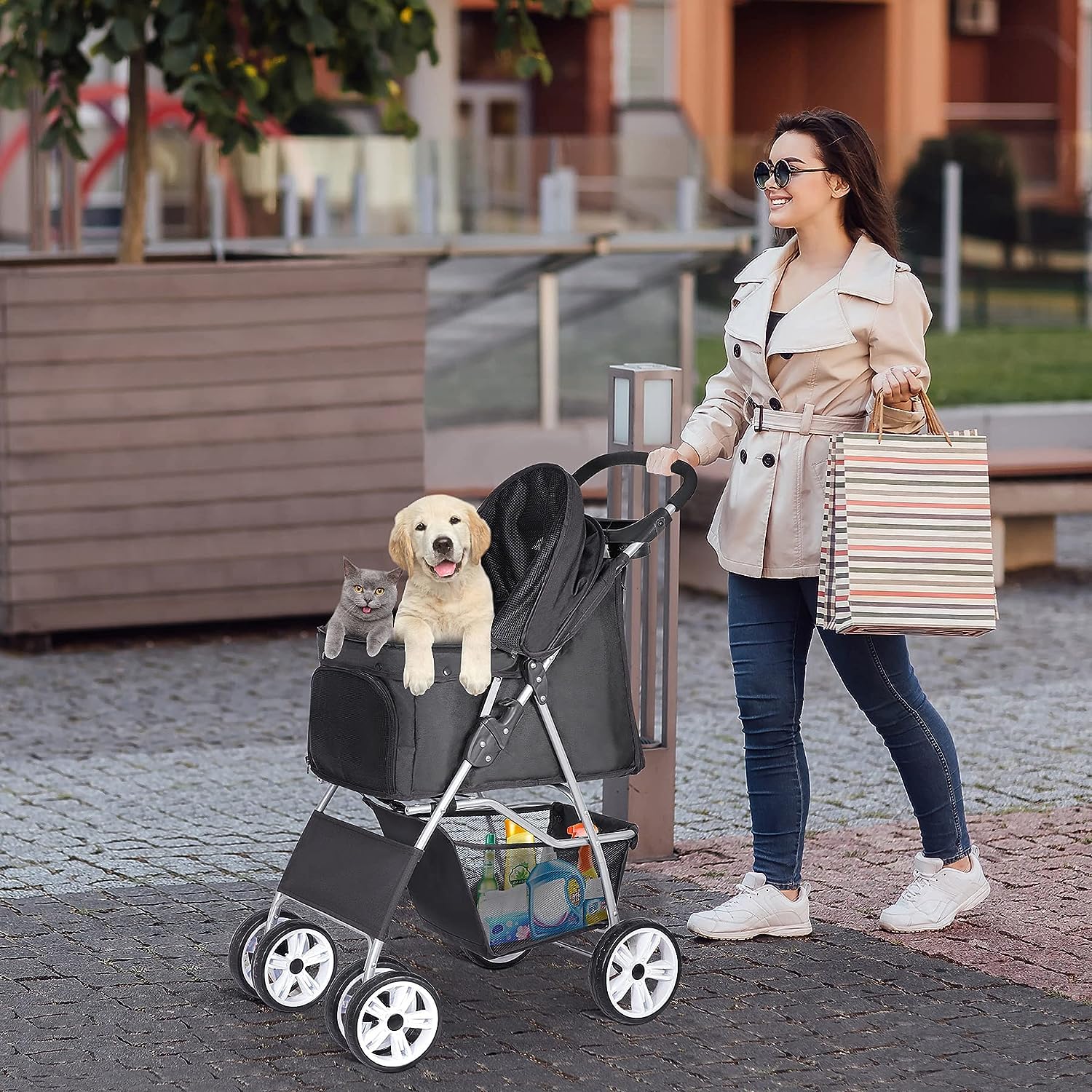 Foldable Cat/Dog Stroller with 4 Wheel with Storage Basket &amp; Cup Holder