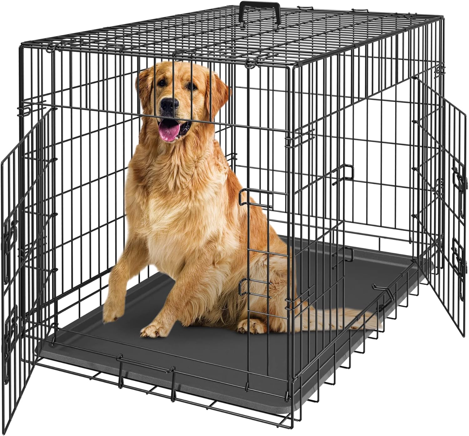 30/36/42 Inch Dog Crate Double Door Folding Metal Dog Crate Kennel with Tray and Handle