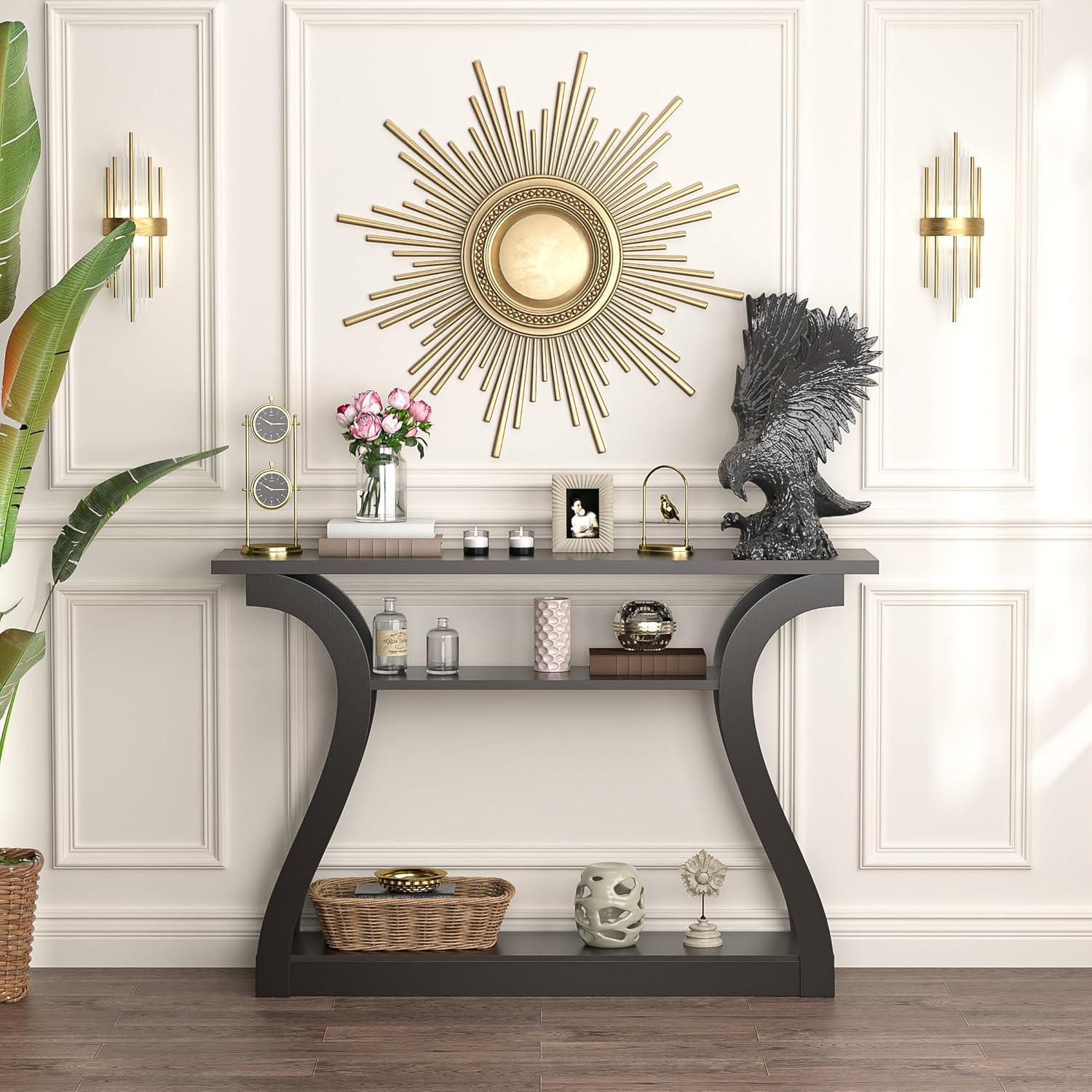 Narrow Console Table with 3-Tier Storage Shelves for Entryway, Living Room, or Hallway