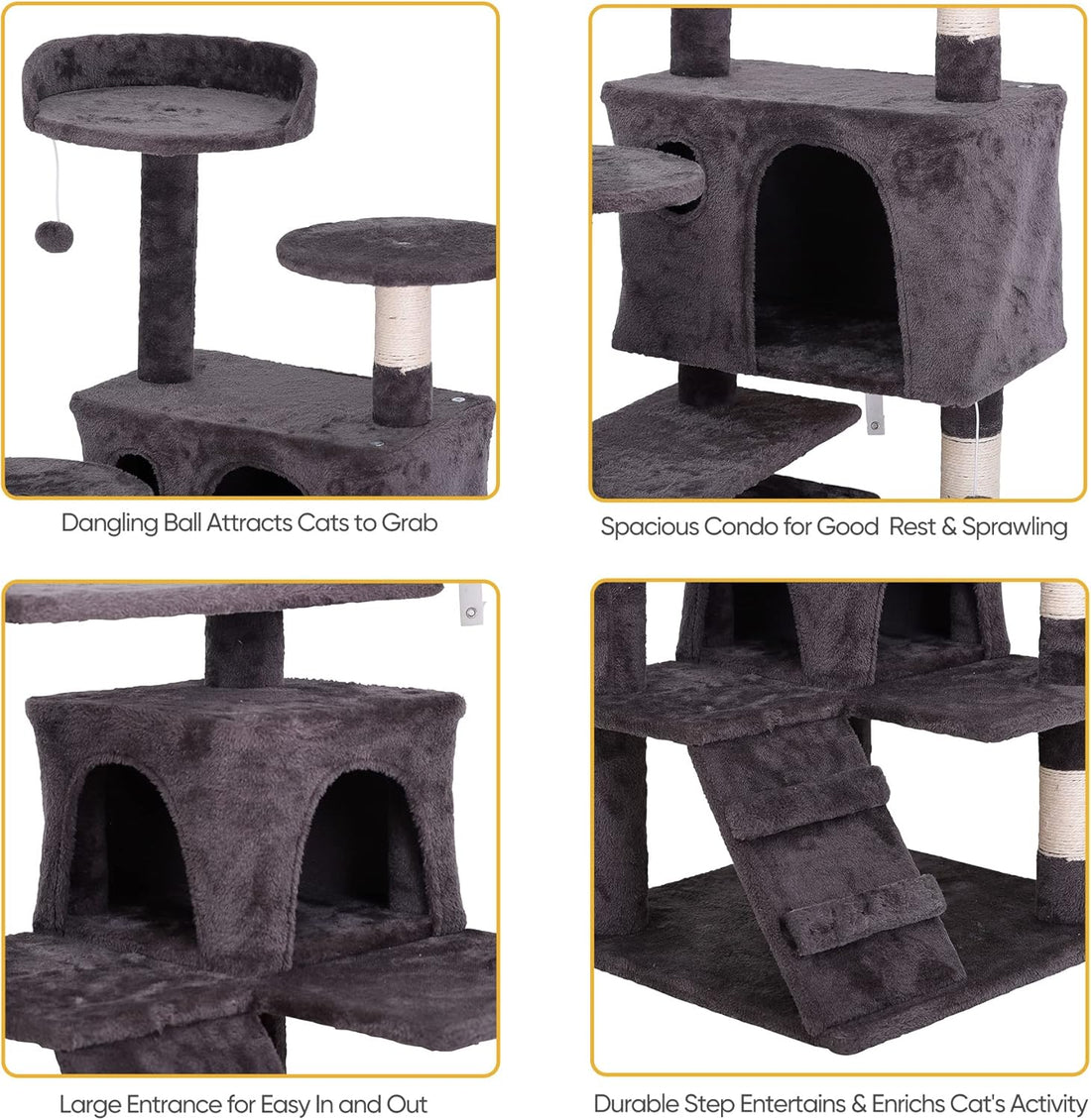 Cat Tree with Sisal-Covered Scratching Posts and 2 Plush Rooms