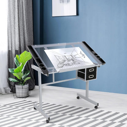 Adjustable Glass Tabletop Drafting Table on Wheels with Storage Drawers