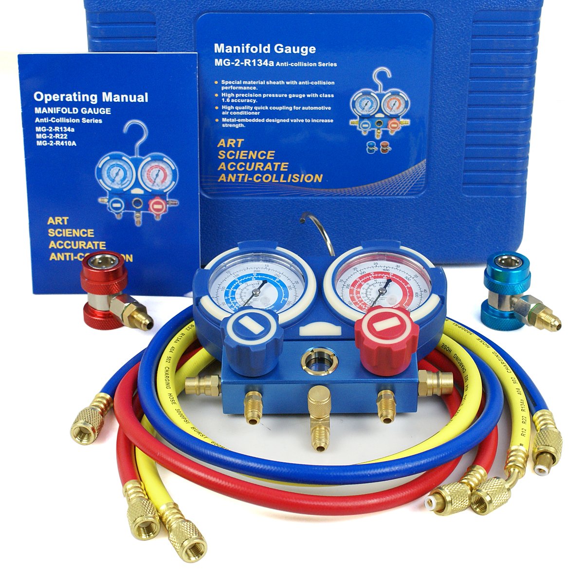 Diagnostic A/C Manifold Gauge Set R134a Refrigeration Kit Brass Auto Serivice Kit 4FT w/Case, 1/4&quot; SAE Fittings