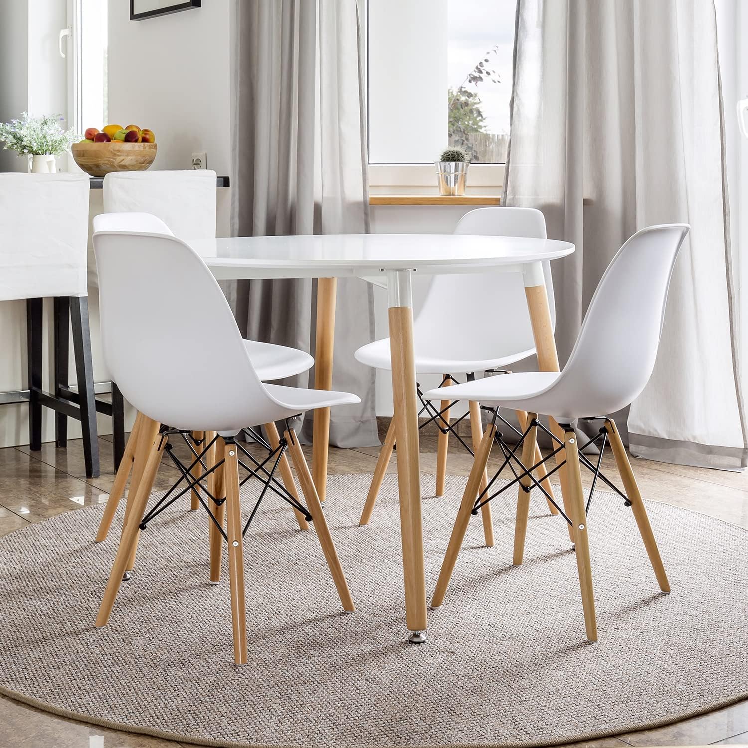 Set of 4 Modern Plastic Shell Dining Chairs with Wooden Legs for Kitchen or Living Room