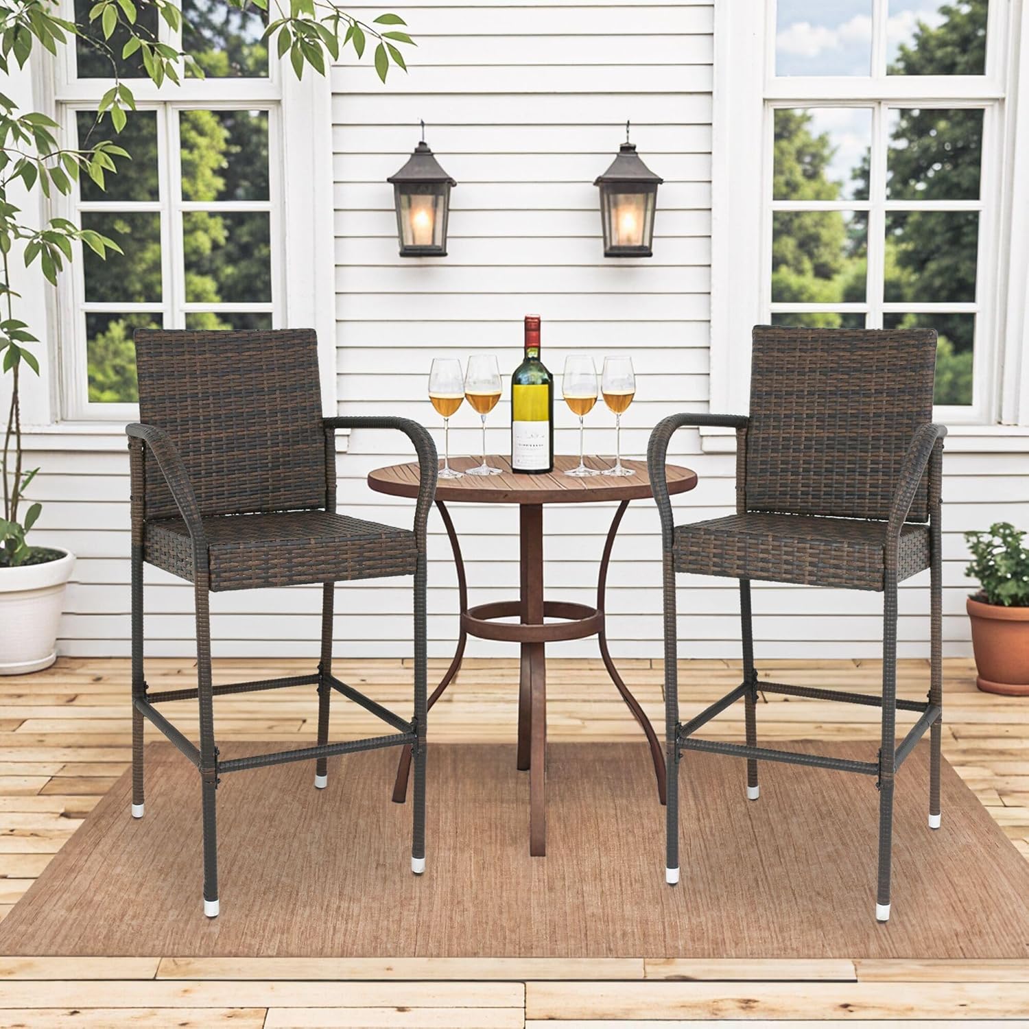 Set of 2 Wicker Barstool All Weather Dining Chairs with Armrest