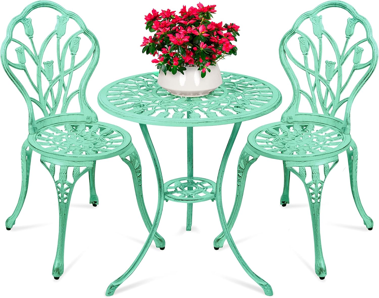 3-Piece Outdoor Rust-Resistant Cast Aluminum Patio Bistro Set W/Tulip Design