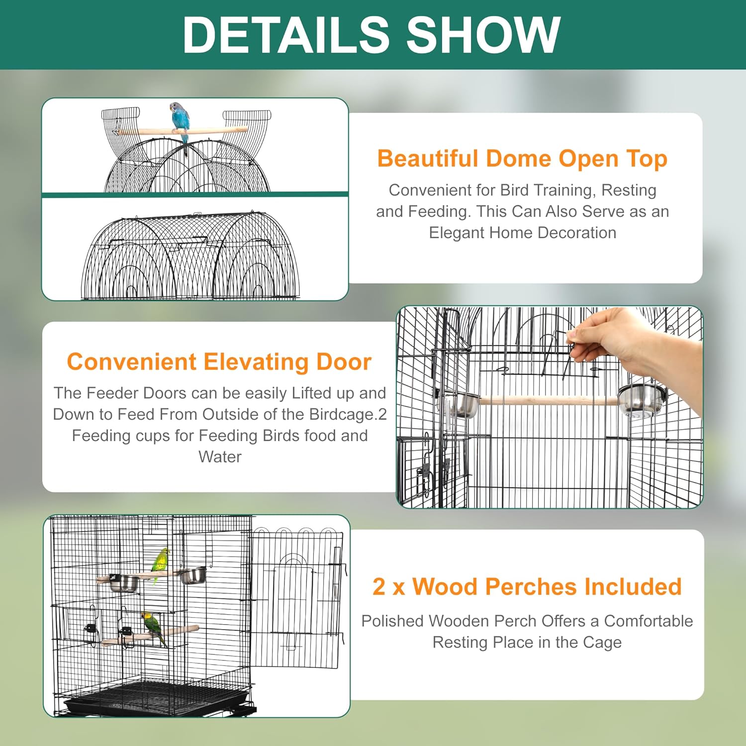 63.5 Inch Open-Top Wrought Iron Bird Cage with Slide-Out Tray + Detachable Rolling Stand