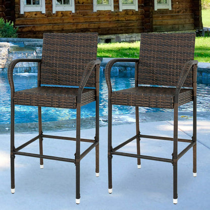 Set of 2 Wicker Barstool All Weather Dining Chairs with Armrest