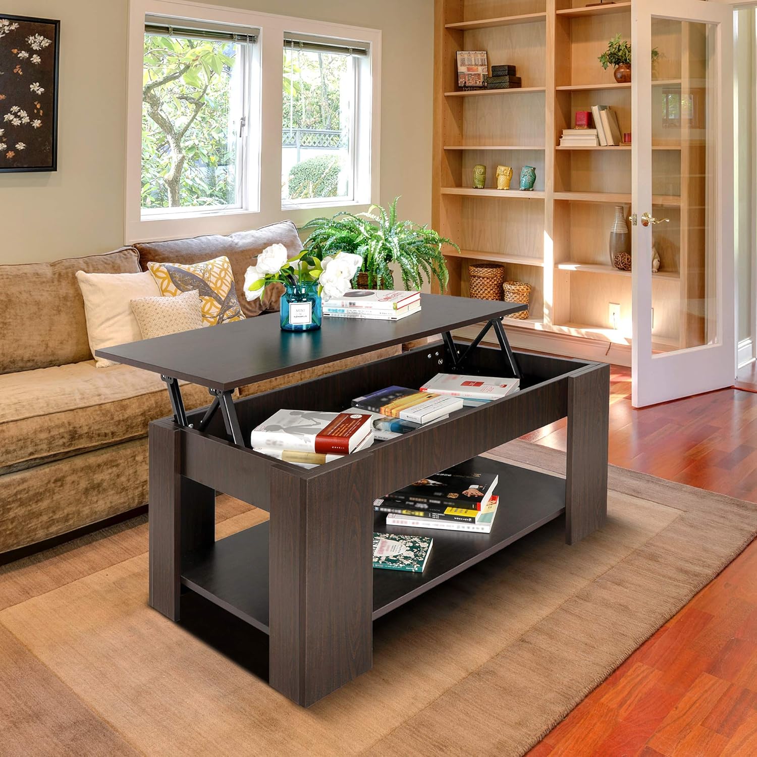 Lift Top Coffee Table with Hidden Compartment and Storage Shelves