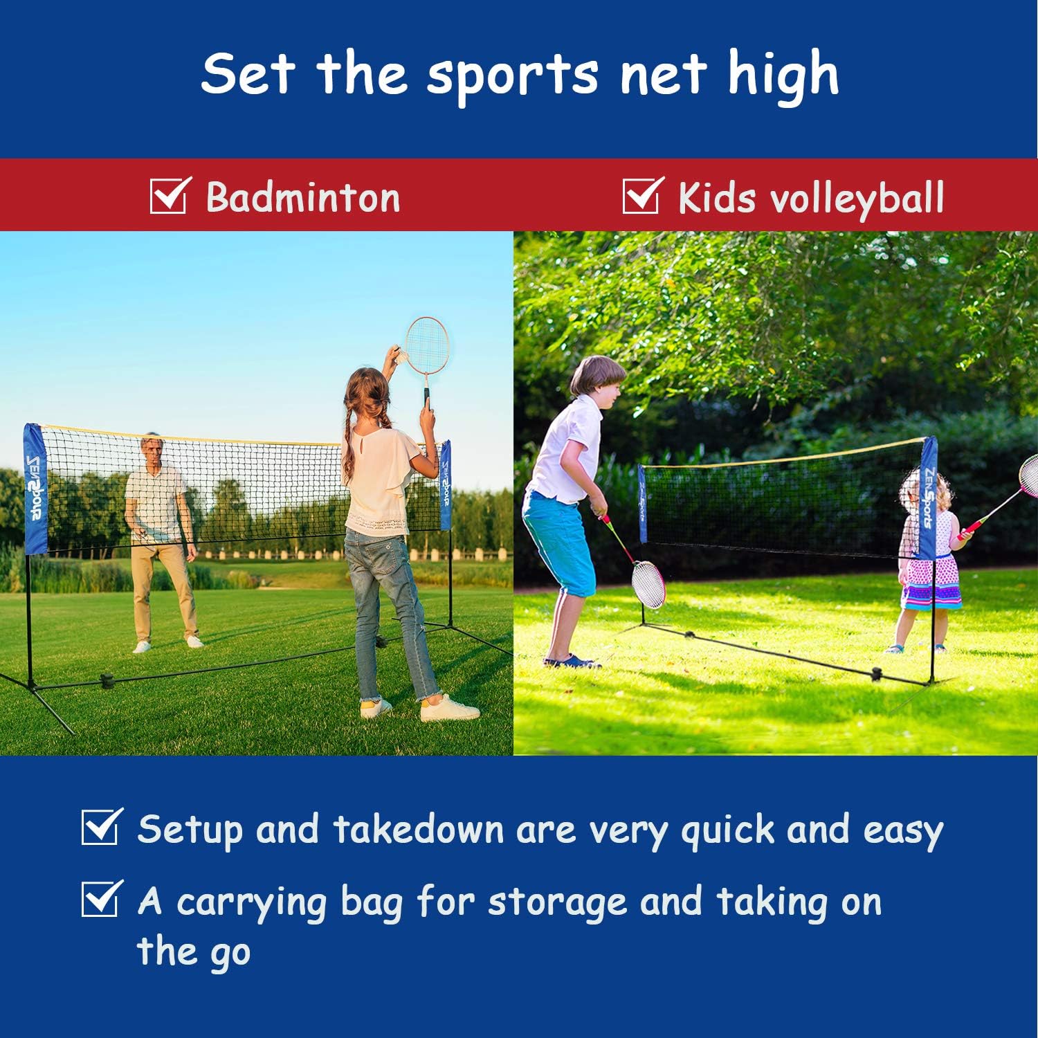 10ft Portable Badminton Tennis Net for Soccer, Pickleball, Kids Volleyball Indoor Adjustable Height 2.5ft to 5ft for Outdoor Court Backyard Beach Games