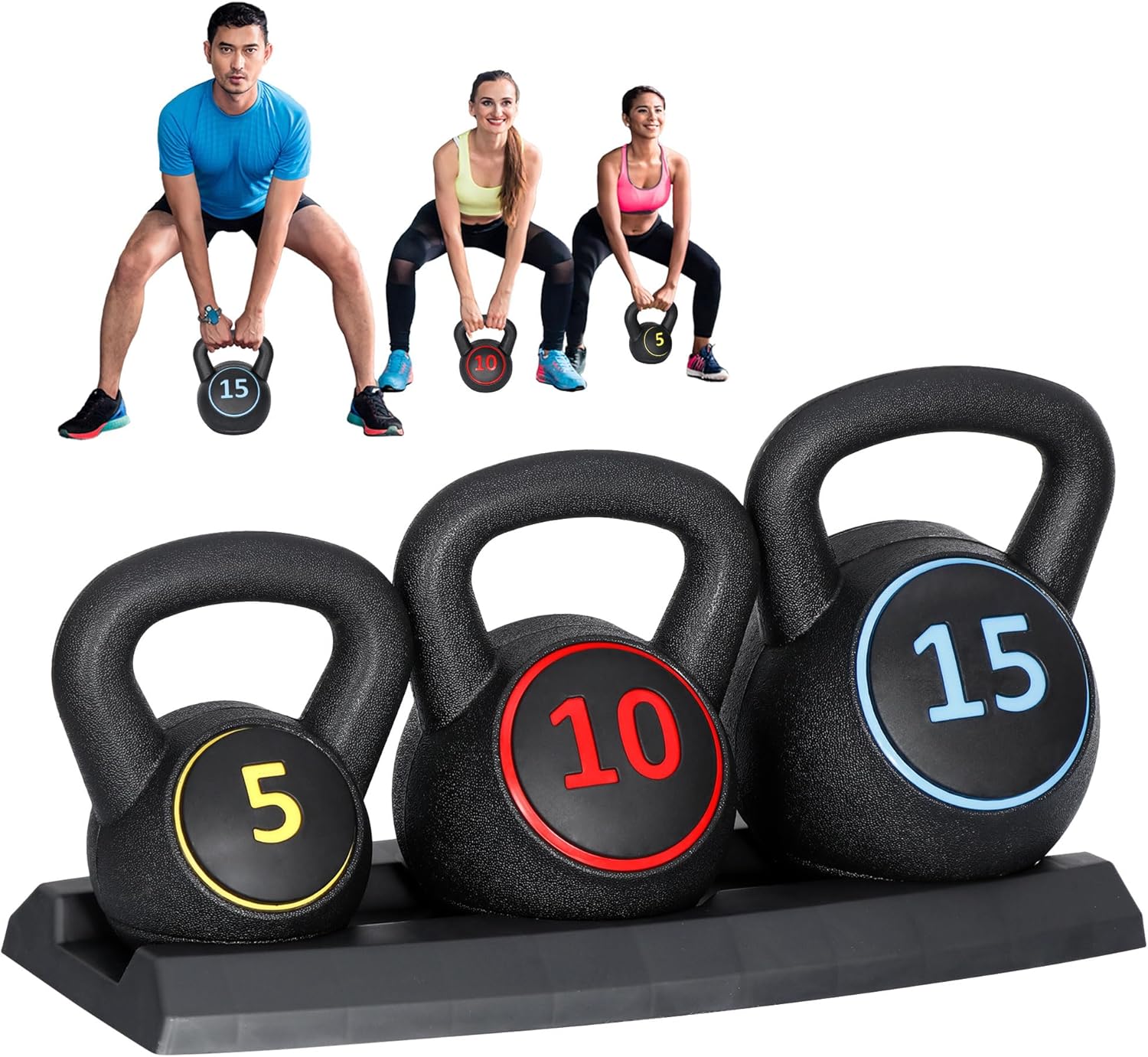 3-Piece Heavy Duty Kettlebell Set with Storage Rack for Weightlifting