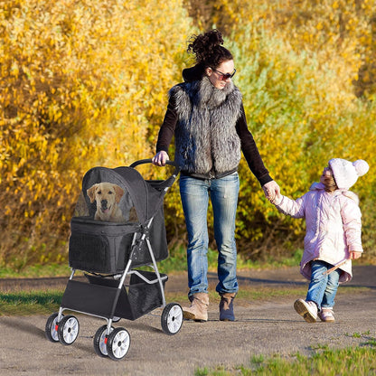 Foldable Cat/Dog Stroller with 4 Wheel with Storage Basket &amp; Cup Holder