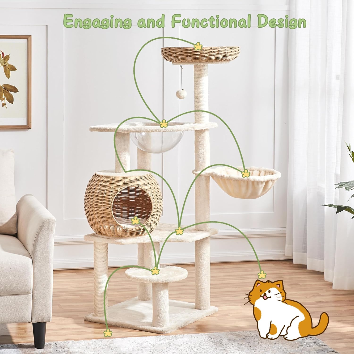 54In Rattan Cat Tree Tower with Luxury Woven Condo