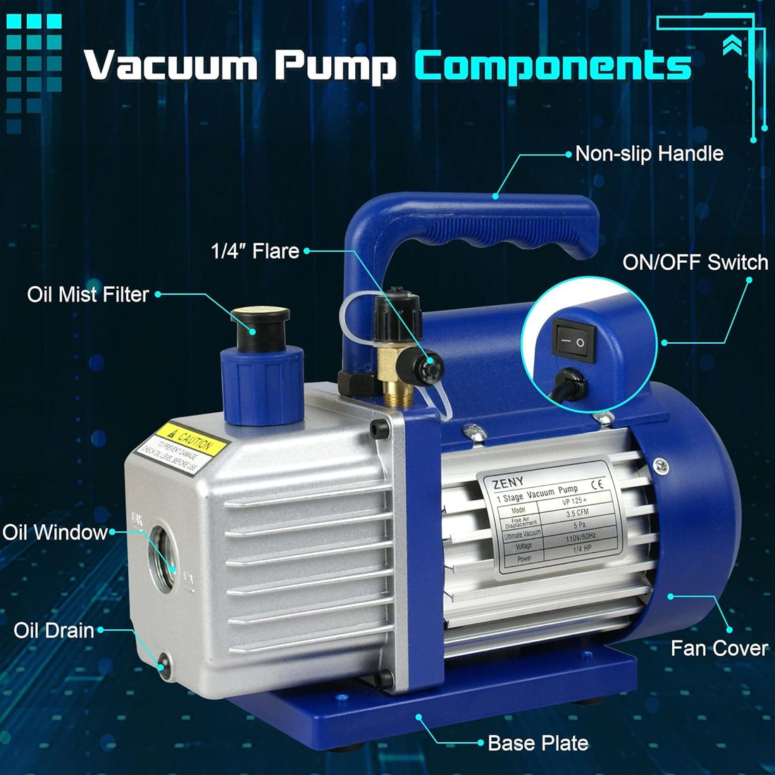 3.5CFM Single-Stage 5 Pa Rotary Vane Economy Vacuum Pump 3 CFM 1/4HP Air Conditioner Refrigerant HVAC Air Tool R410a 1/4&quot; Flare Inlet Port - Blue