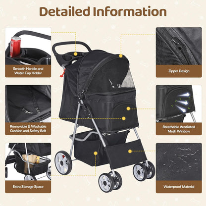 Foldable Cat/Dog Stroller with 4 Wheel with Storage Basket &amp; Cup Holder