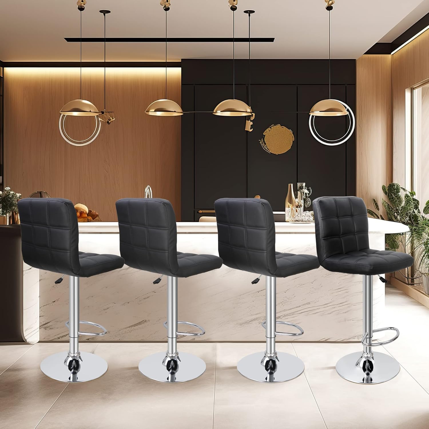 Set of 4 Modern PU Leather Adjustable Swivel Barstools with Square Back