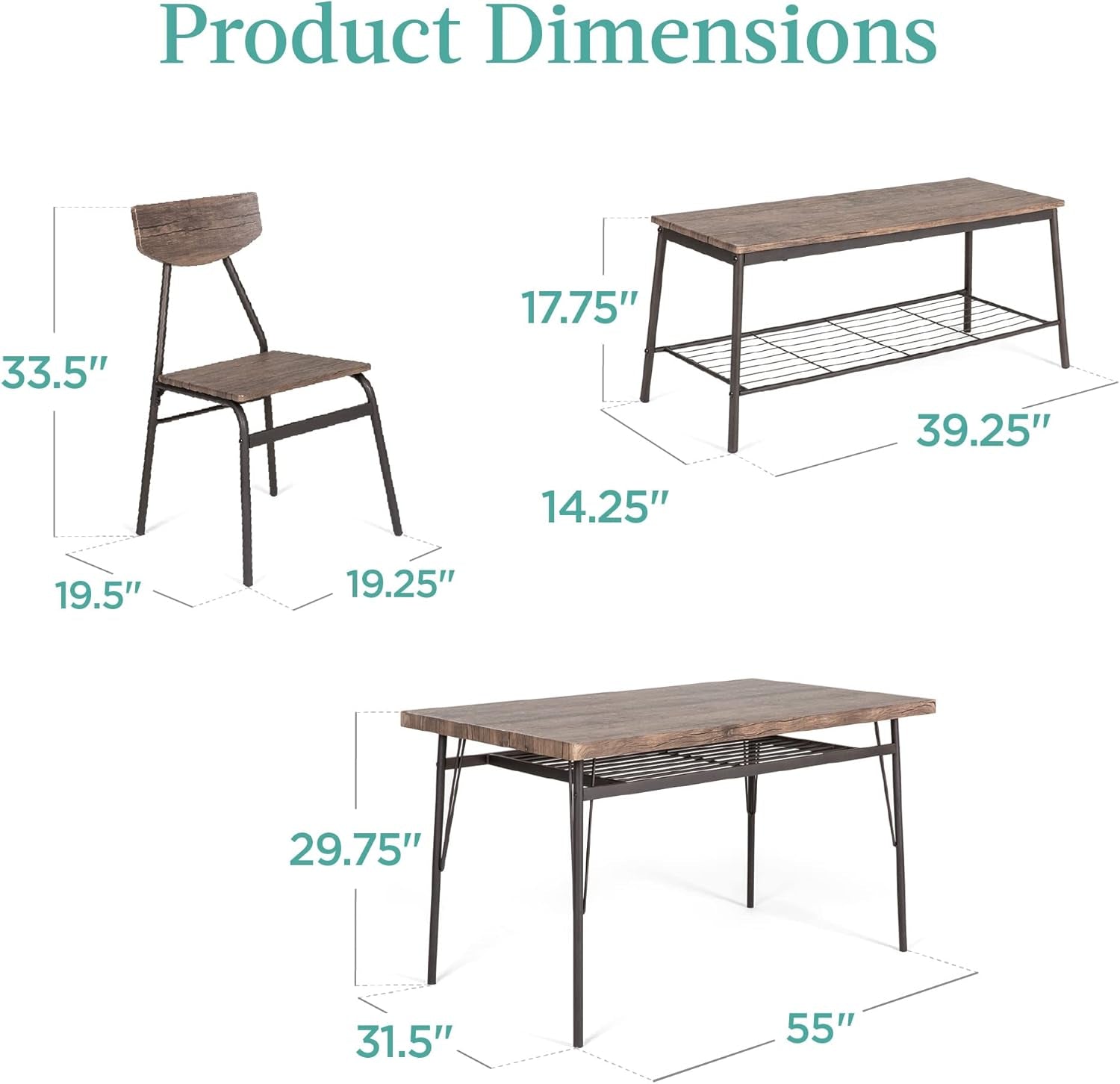 6-Piece 55In Modern Dining Set for Home, Kitchen, Dining Room W/Storage Racks, Rectangular Table, Bench, 4 Chairs, Steel Frame - Brown