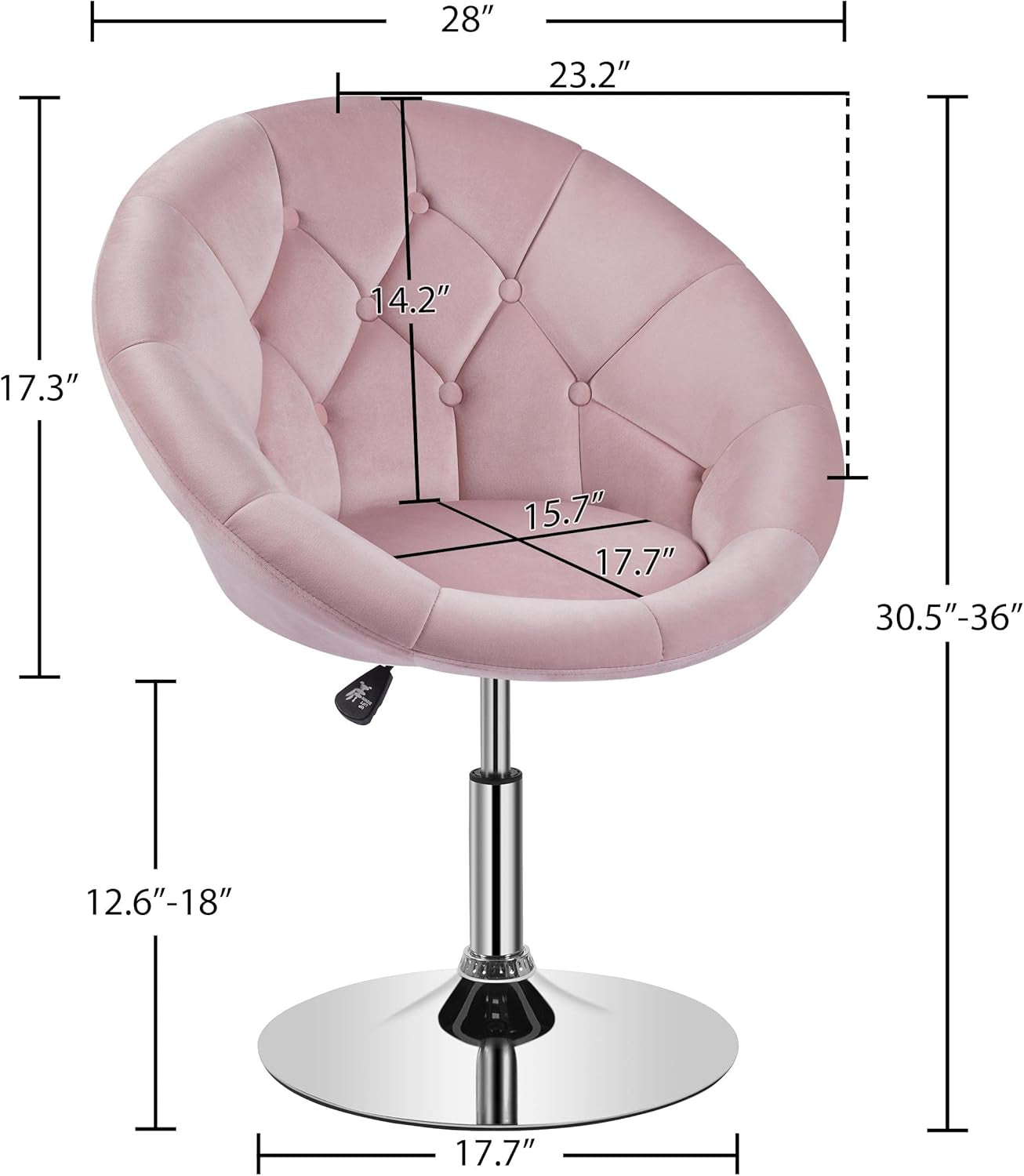 Living Room Vanity Chair Makeup Velvet round Tufted Back Swivel Accent with Chrome Frame Height Adjustable for Room, Bedroom, Pink