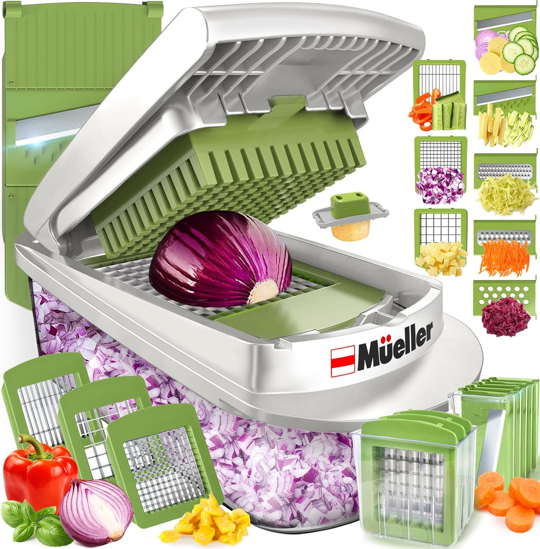 Pro-Series 10-In-1, 8 Blade Vegetable Chopper, Onion Mincer, Cutter, Dicer, Egg Slicer with Container, French Fry Cutter Potato Slicer, Home Essentials, Salad Chopper White Sand/Green