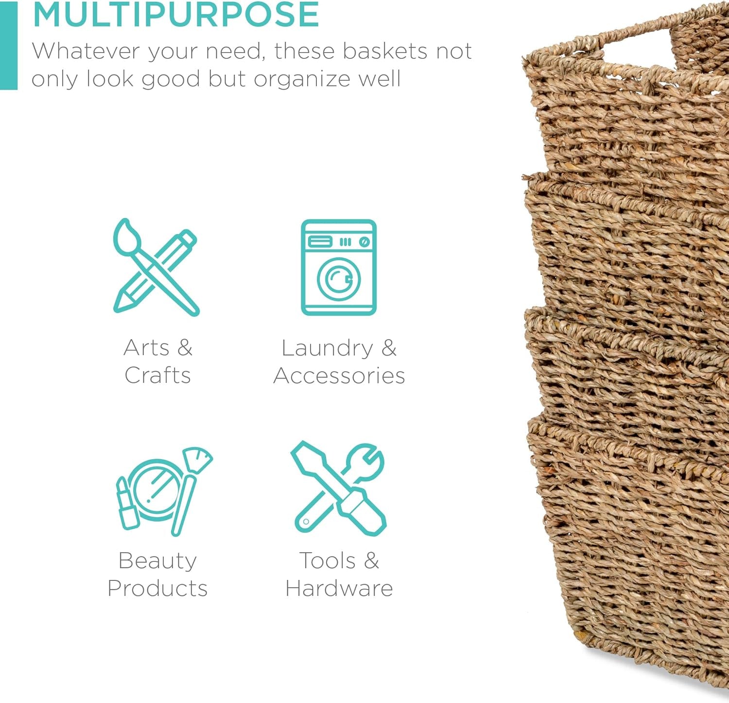 Rustic Set of 4 Multipurpose Stackable Seagrass Storage Basket, Handwoven Laundry Organizer Totes for Bedroom and Living Room, Shelves, Pantry W/Insert Handles - Natural