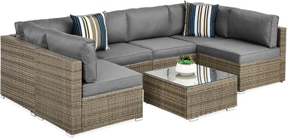 7-Piece Modular Outdoor Sectional Wicker Patio Conversation Set W/ 2 Pillows, Coffee Table, Cover Included - Gray/Navy