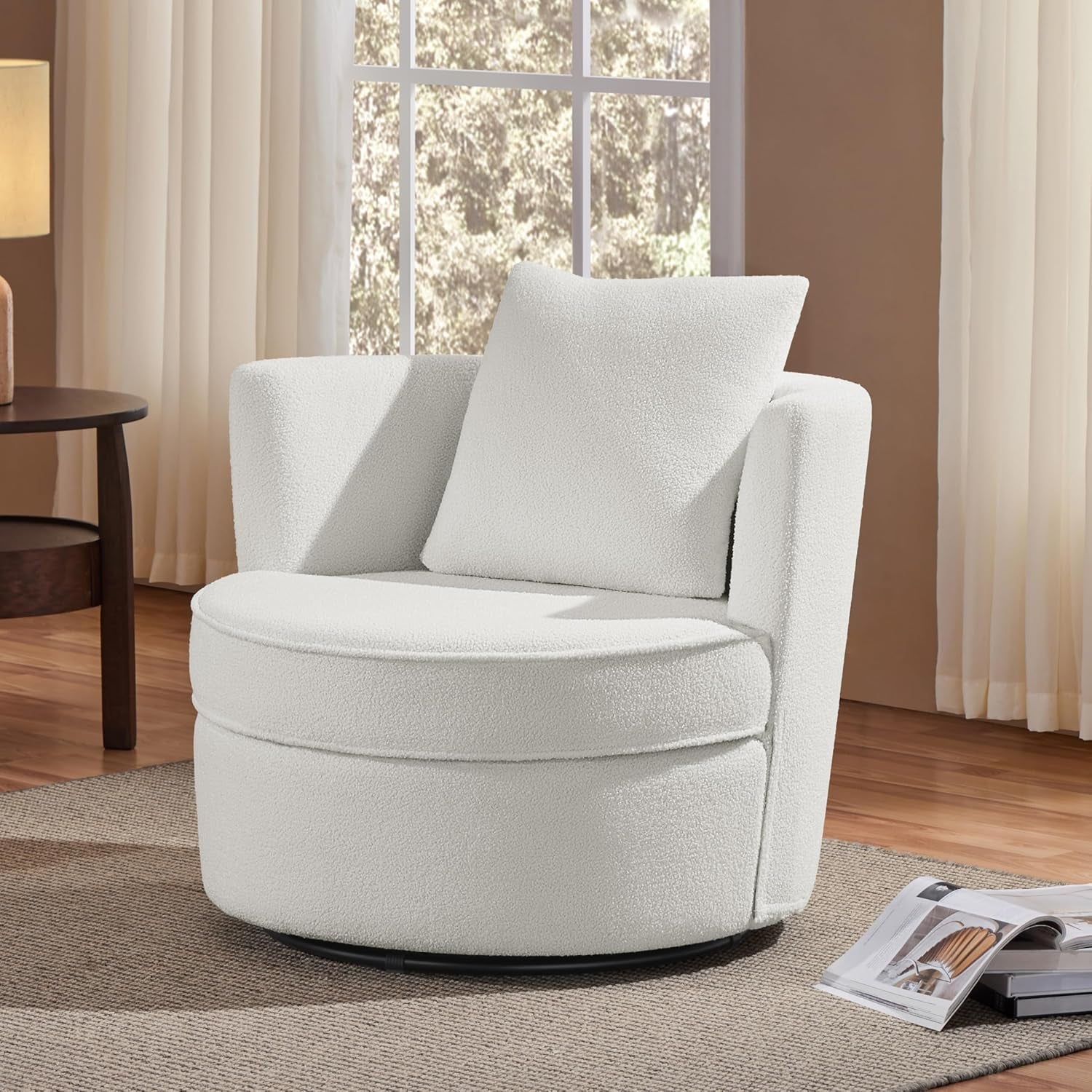 Swivel Barrel Chair, 34.5″ W Teddy Upholstered round Swivel Chair, 360° Soft Boucle Accent Arm Chair with Throw Pillow, Single Sofa Chair for Living Room Bedroom Reading White