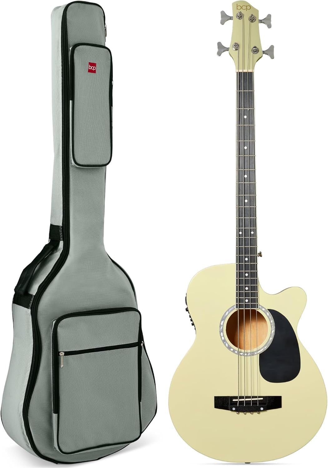 Acoustic Electric Bass Guitar, Full Size 4 String, Fretted Bass Guitar W/Padded Gig Bag - Black