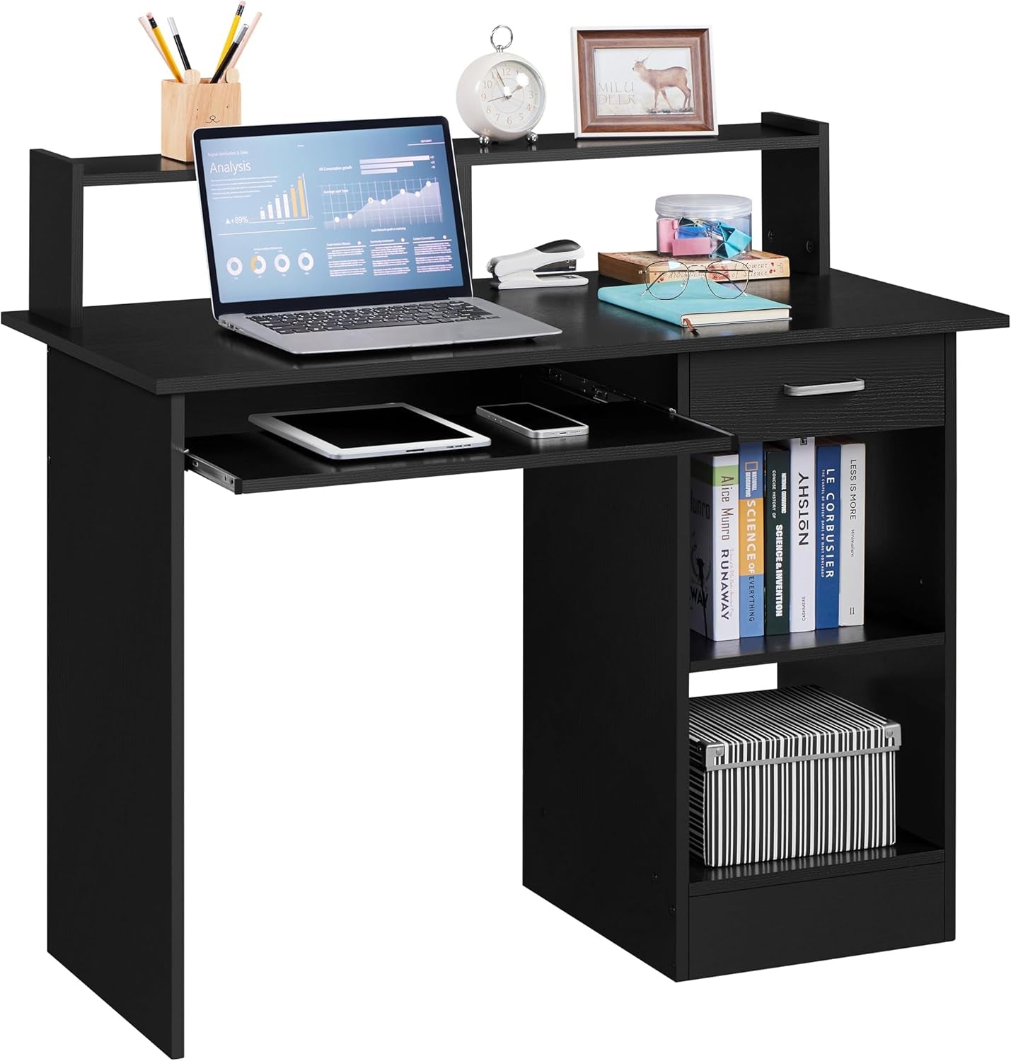 Home Office Wood Computer Desk with Keyboard Tray and Drawers, Students Writing Table with Storage Drawers &amp; Hutch, Modern PC Laptop Desk, Multifunctional Workstation, White