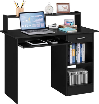 Home Office Wood Computer Desk with Keyboard Tray and Drawers, Students Writing Table with Storage Drawers &amp; Hutch, Modern PC Laptop Desk, Multifunctional Workstation, White