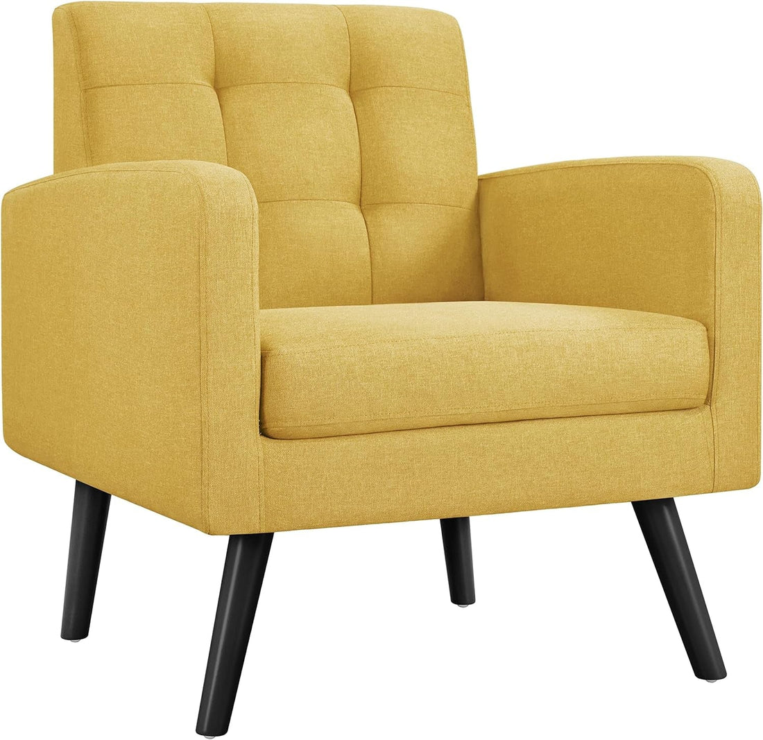 Mid-Century Accent Chairs, Modern Upholstered Living Room Chair, Cozy Armchair Button Tufted Back and Wood Legs for Bedroom/Office/Cafe, Yellow