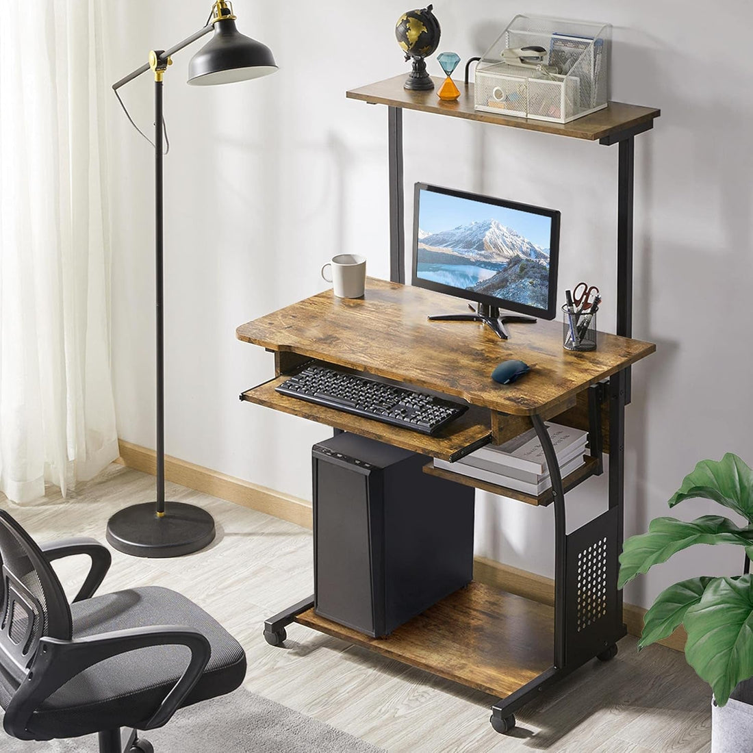 3 Tiers Rolling Computer Desk with Keyboard Tray and Printer Shelf for Home Office, Mobile Computer Desk for Small Space, Retro Computer Table Compact PC Laptop Workstation, Rustic Brown