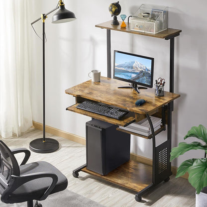 3 Tiers Rolling Computer Desk with Keyboard Tray and Printer Shelf for Home Office, Mobile Computer Desk for Small Space, Retro Computer Table Compact PC Laptop Workstation, Rustic Brown