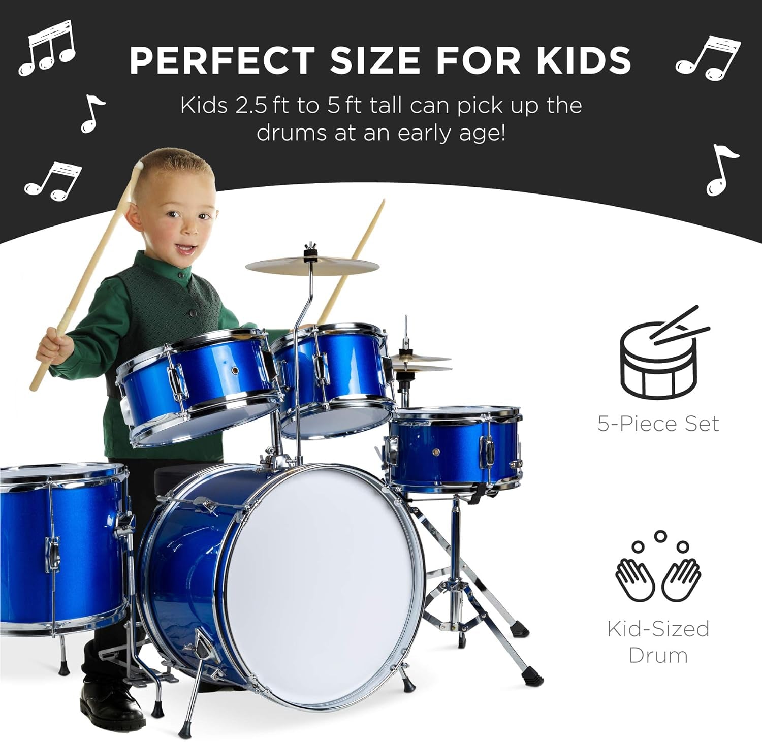 Kids Drum Set 5-Piece 16In Beginner Drum Set Junior Drum Kit, Starter Percussion Set W/Cymbals, Pedal, Drumsticks, Stool, Toms, Snare, Hi Hat - Blue