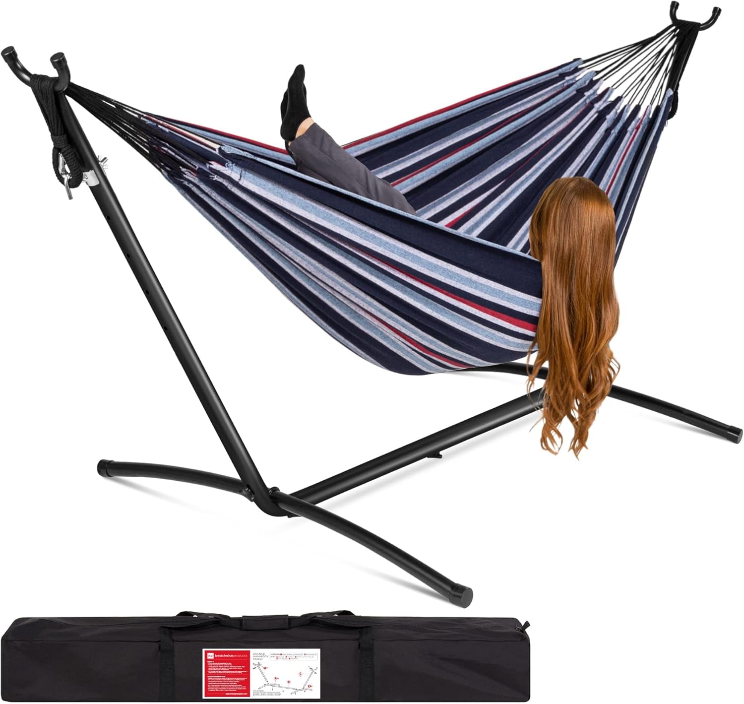 Double Hammock with Steel Stand, Indoor Outdoor Brazilian-Style Cotton Bed W/Carrying Bag, 2-Person Capacity - Desert Stripes