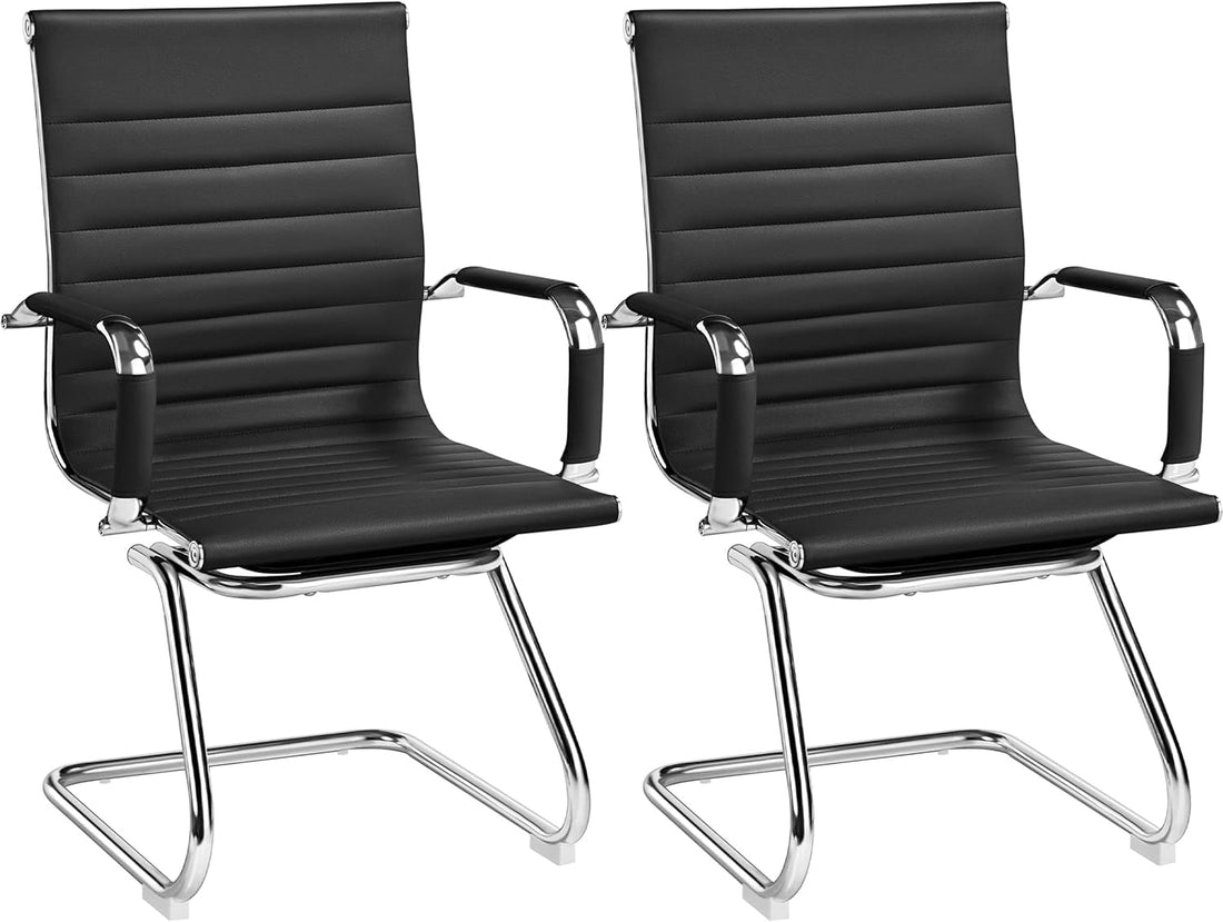 Faux Leather Office Reception Chair without Wheels Mid Back Ergonomic Guest Chairs for Conference Reception Room Waiting Room, Set of 2 Black