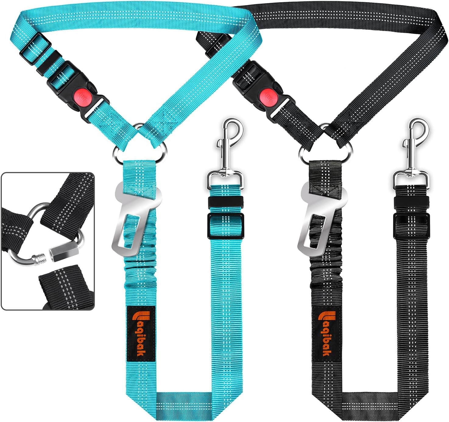 Removable Dog Seat Belt Harness for Car, 3 in 1 Pet Dog Car Seatbelt Leash, Retractable Restraint Secures to Vehicle Headrest &amp; Adjustable Reflective Bungee Dog Seatbelt Tether, Blue and Black