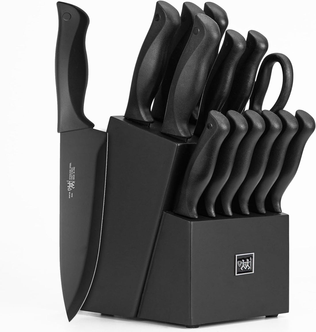 Knife Set,  15 Pcs Kitchen Knife Set with Block Self Sharpening, Dishwasher Safe, Anti-Slip Handle, Black