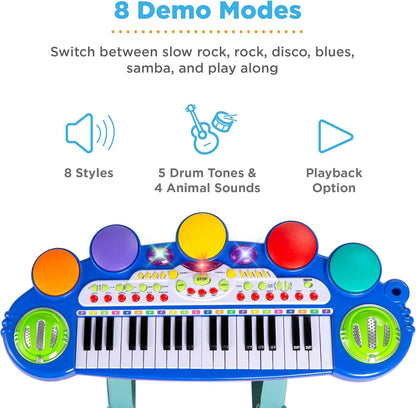 37-Key Kids Electronic Musical Instrument Piano Learning Toy Keyboard W/Multiple Sounds, Lights, Microphone, Stool - Blue