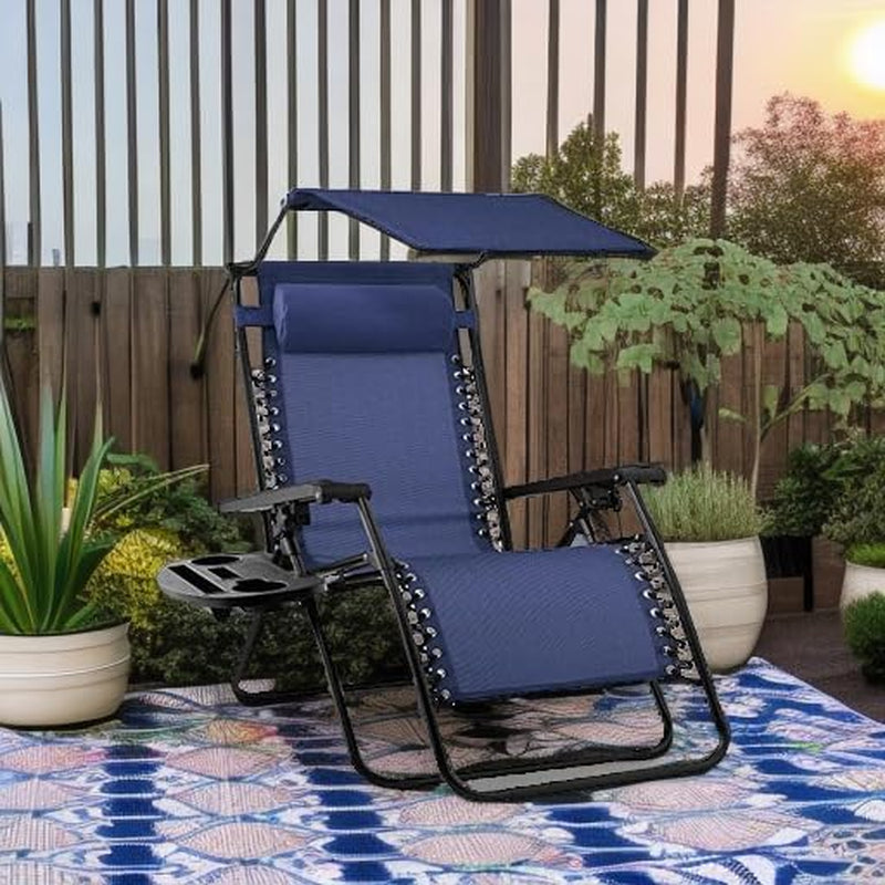 Folding Zero Gravity Outdoor Recliner Patio Lounge Chair W/Adjustable Canopy Shade, Headrest, Side Accessory Tray, Textilene Mesh - Navy Blue