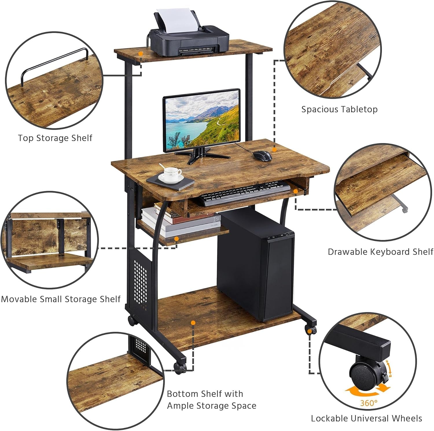 3 Tiers Rolling Computer Desk with Keyboard Tray and Printer Shelf for Home Office, Mobile Computer Desk for Small Space, Retro Computer Table Compact PC Laptop Workstation, Rustic Brown