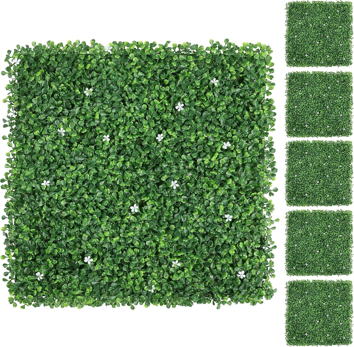 6Pcs 20 X 20 Inch Artificial Boxwood Panels W/Little White Flowers UV Protected Topiary Hedge Plant Privacy Hedge Screen Decorations for Garden,Home,Backyard and Green