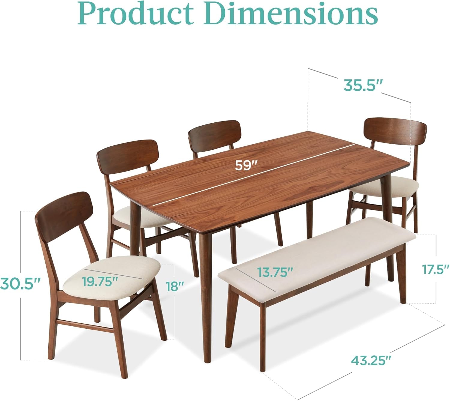 6-Piece Wooden Dining Set, Mid-Century Modern Table &amp; Upholstered Chair Set W/Bench Seat, Rubberwood Legs - Walnut/Cream