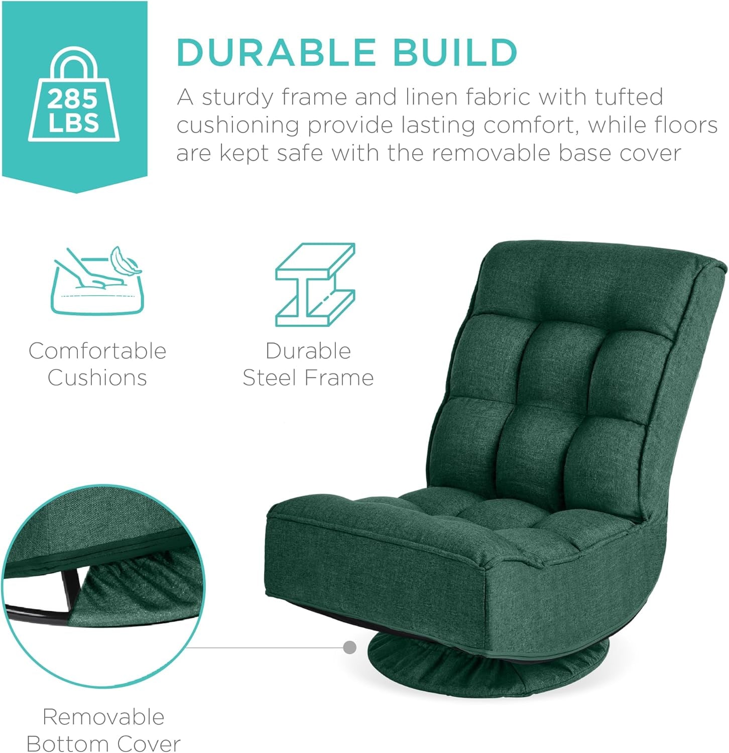 Reclining Folding Floor Gaming Chair for Home, Office, Lounging, Reading W/ 360-Degree Swivel, 4 Adjustable Positions, Tufted Cushions - Green