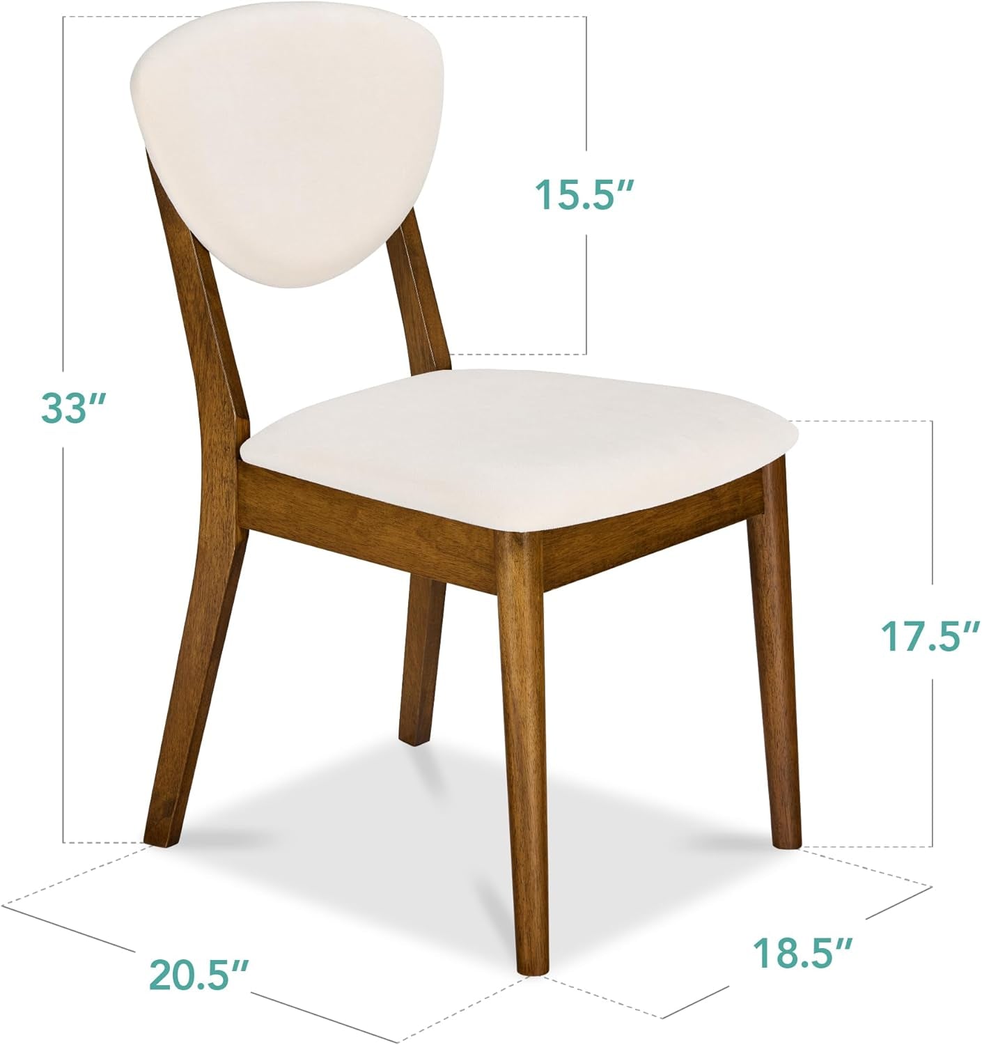 Dining Chairs Set of 2, Mid-Century Modern Upholstered Wood, Armless W/Seat Cushion, Padded Backrest - Walnut/Cream