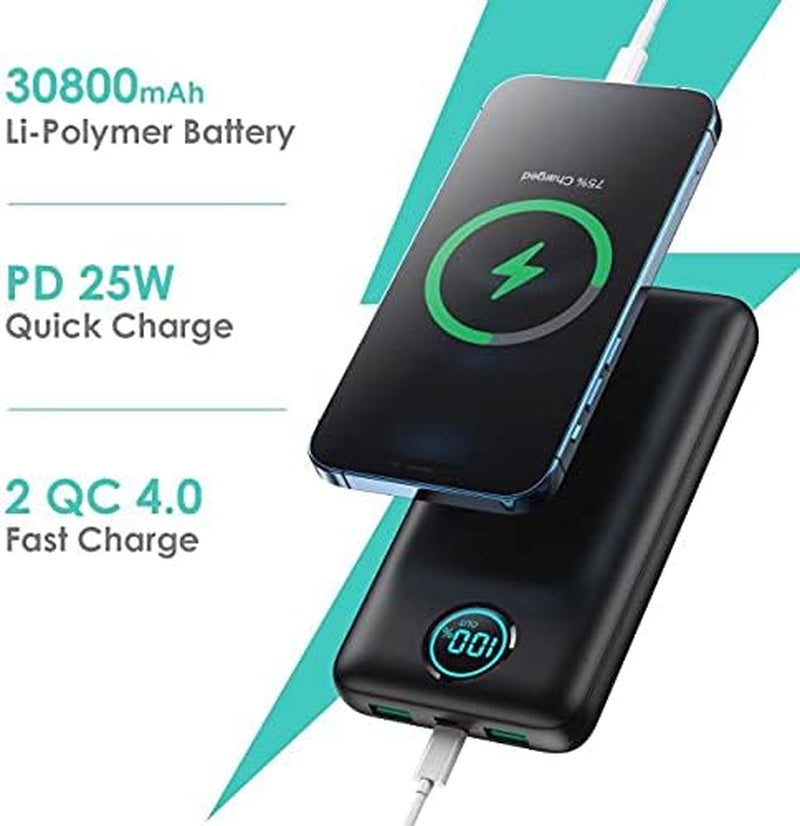 Portable Charger Power Bank 30,800Mah LCD Display Power Bank,25W PD Fast Charging +QC 4.0 Quick Phone Charging Power Bank Tri-Outputs Battery Pack Compatible with Iphone,Android Etc(Black)