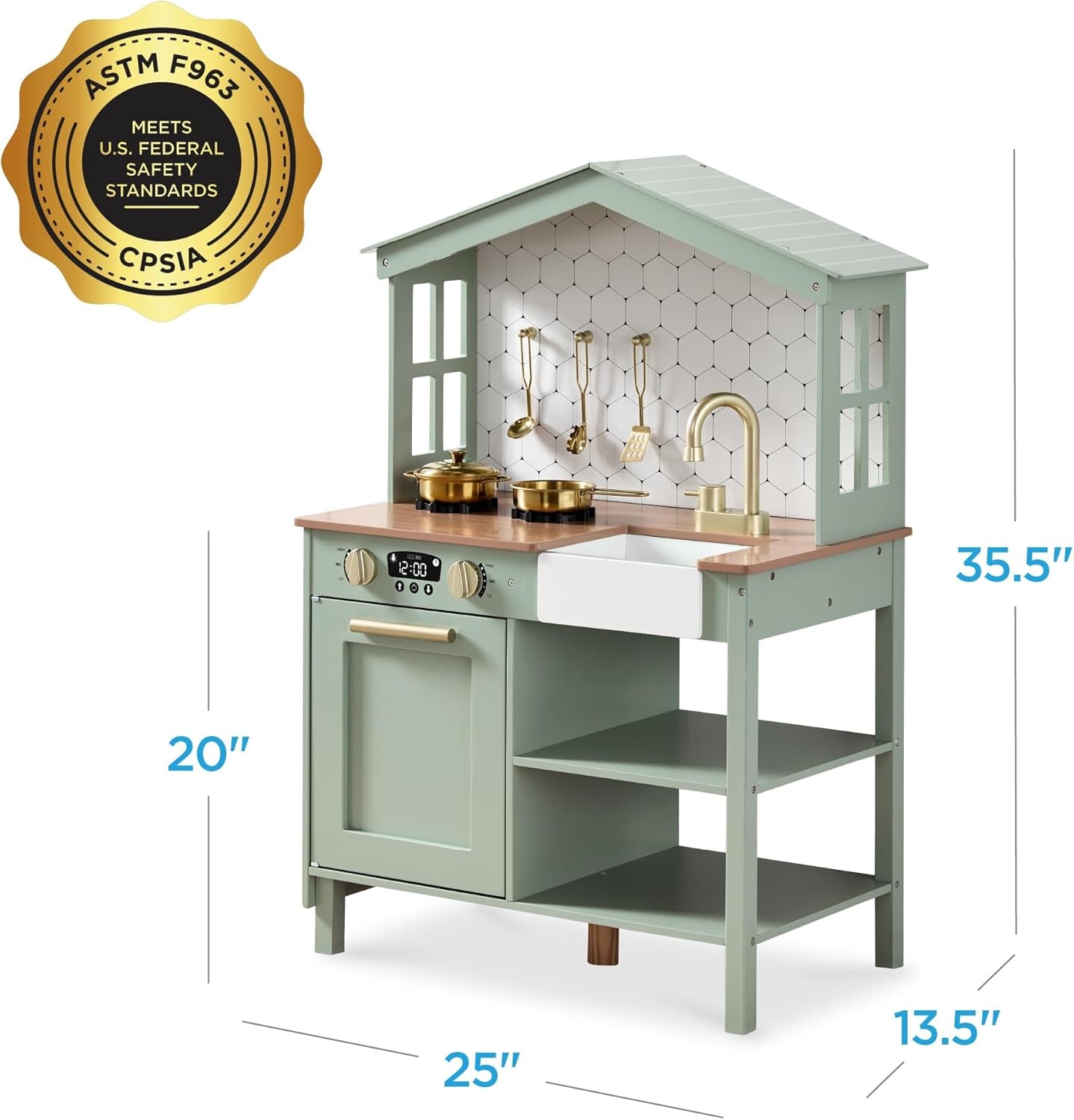 Pretend Play Wooden Farmhouse Kitchen Set for Kids W/ Toy Storage, Clicking Knobs, Windows, 5 Accessories Included - Sage