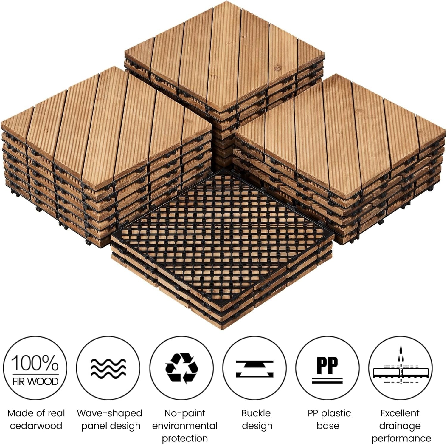 27PCS Wooden Flooring Patio Deck Tiles Interlocking Tiles Patio Solid Wood and Plastic Indoor&amp;Outdoor 12 X 12In, Natural Wood-Diagonal