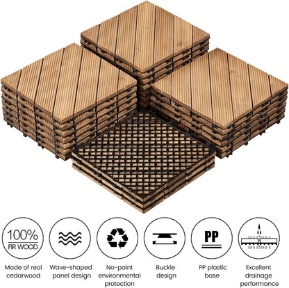 27PCS Wooden Flooring Patio Deck Tiles Interlocking Tiles Patio Solid Wood and Plastic Indoor&amp;Outdoor 12 X 12In, Natural Wood-Diagonal